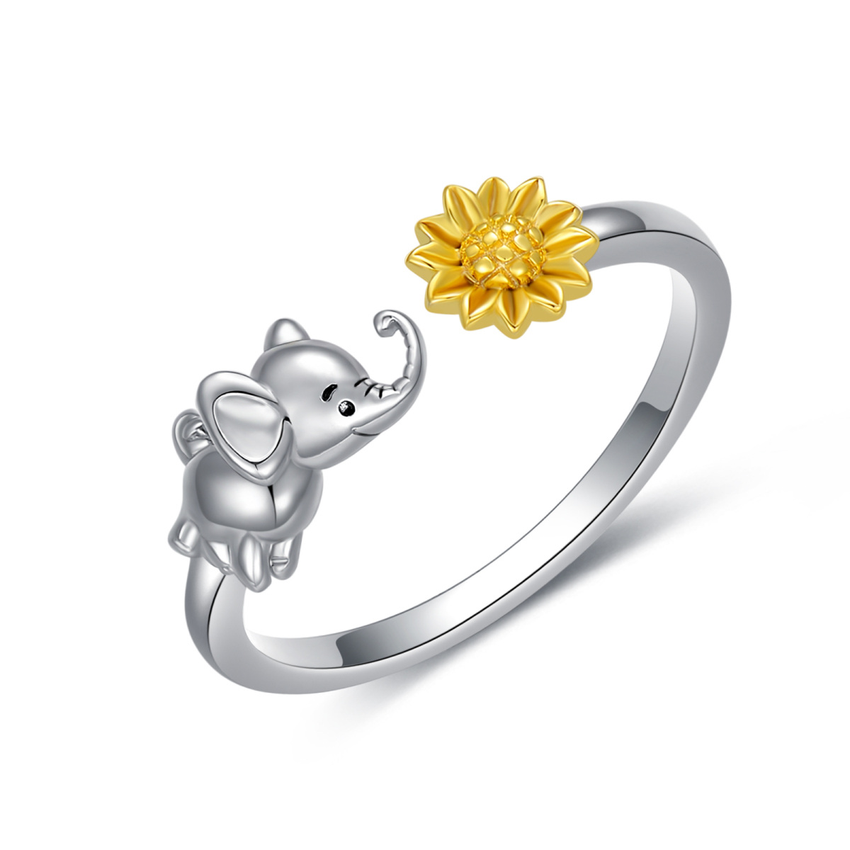 Sterling Silber Zweifarbiger Elefant & Sonnenblume Offener Ring-1