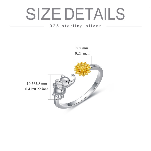 Sterling Silber Zweifarbiger Elefant & Sonnenblume Offener Ring-4