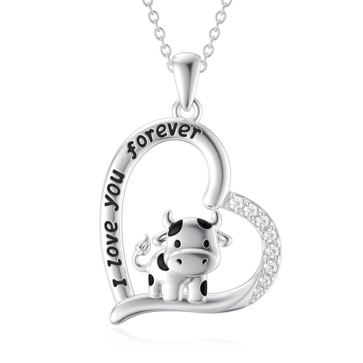 Sterling Silver Cubic Zirconia Cow & Heart Pendant Necklace with Engraved Word-1