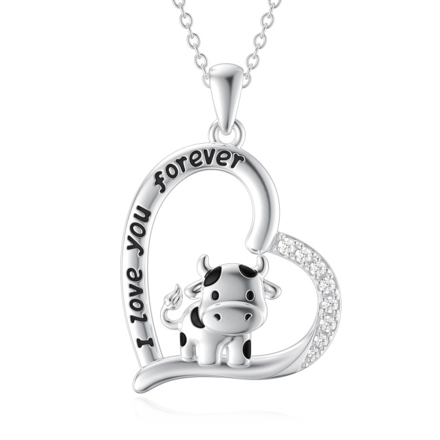 Sterling Silver Cubic Zirconia Cow & Heart Pendant Necklace with Engraved Word-0