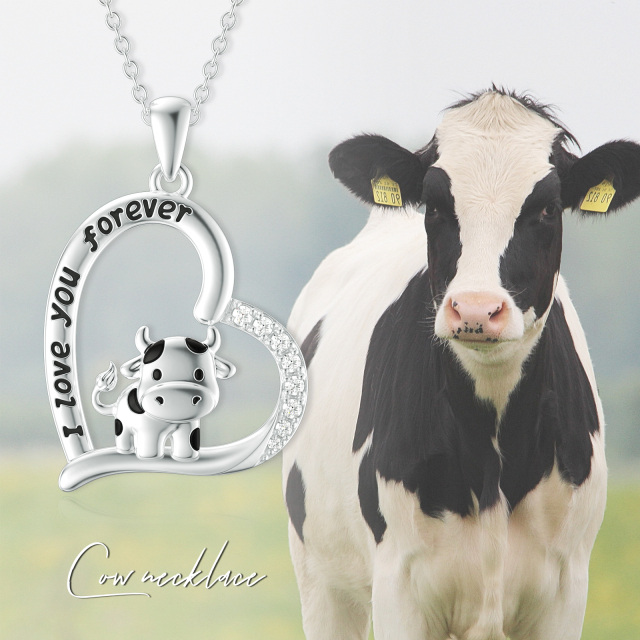 Sterling Silver Cubic Zirconia Cow & Heart Pendant Necklace with Engraved Word-2