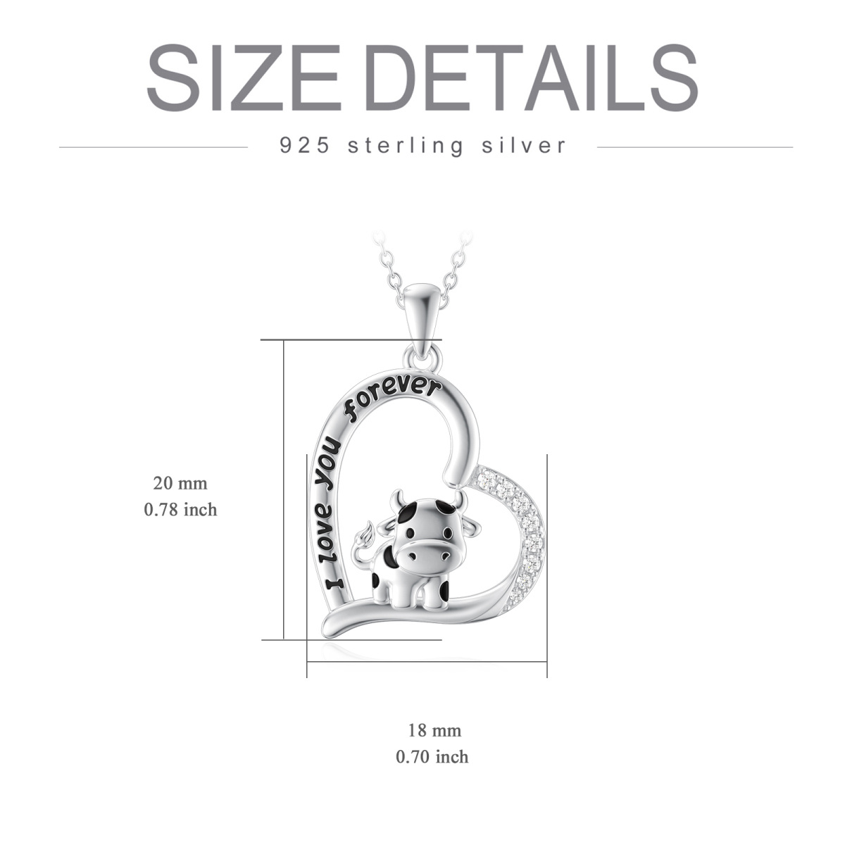 Sterling Silber Cubic Zirkonia Kuh & Herz Anhänger Halskette mit eingraviertem Wort-6