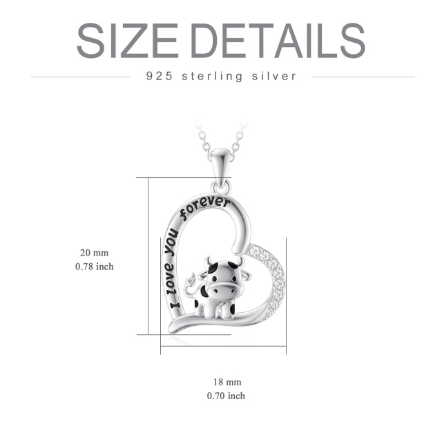 Sterling Silver Cubic Zirconia Cow & Heart Pendant Necklace with Engraved Word-5