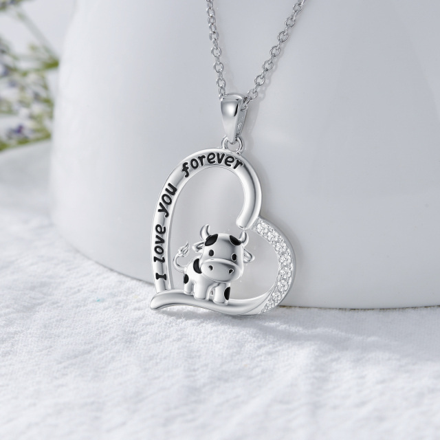 Sterling Silver Cubic Zirconia Cow & Heart Pendant Necklace with Engraved Word-3