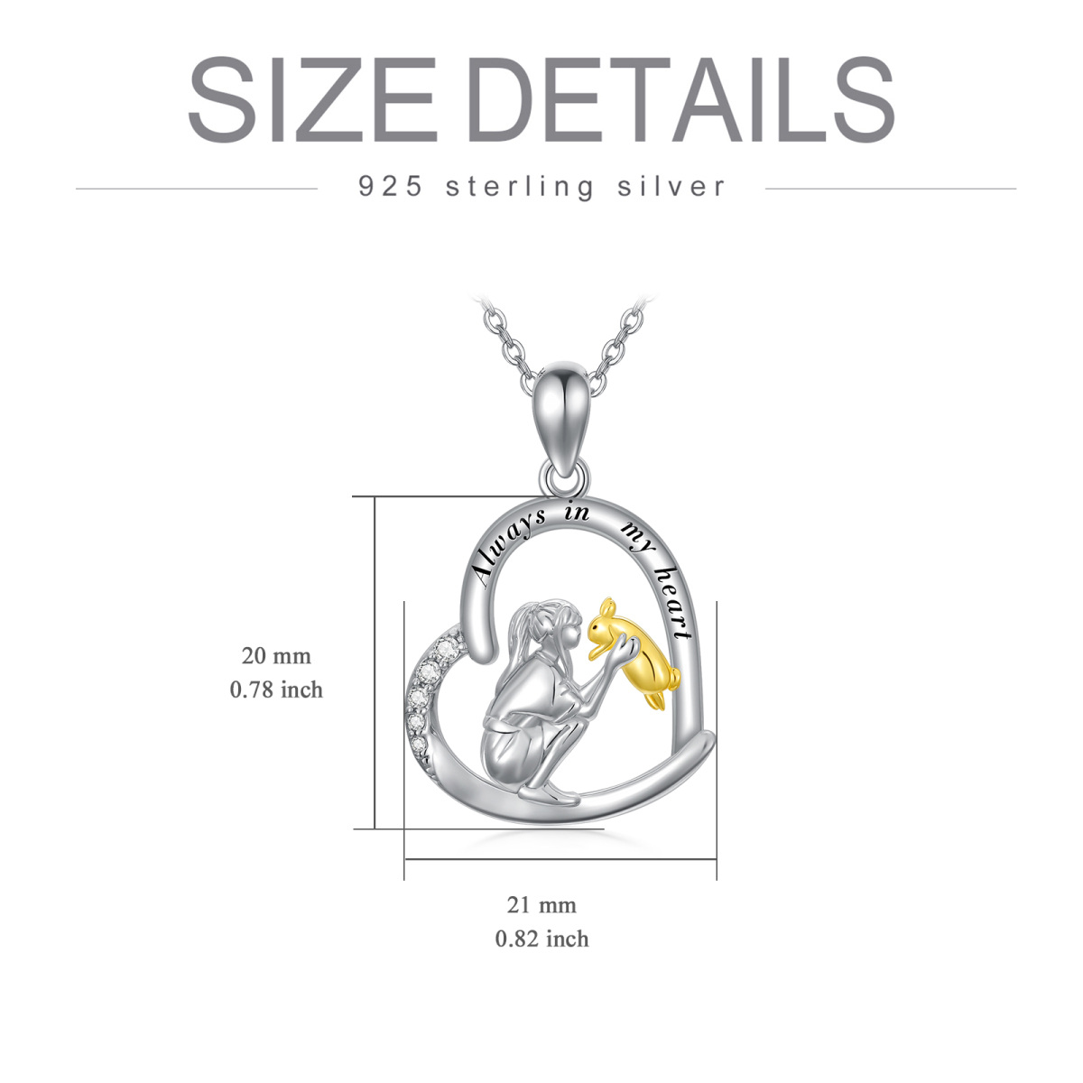 Sterling Silver Two-tone Rabbit & Girl Heart Pendant Necklace with Engraved Word-5