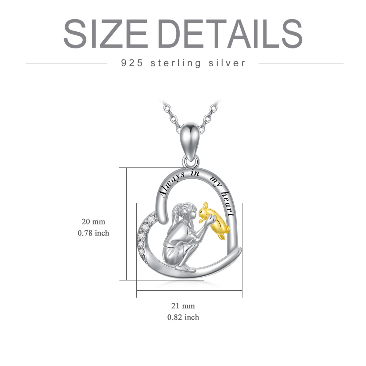 Collier en argent sterling avec pendentif en forme de coeur de lapin et de fille bicolore avec mot gravé-5