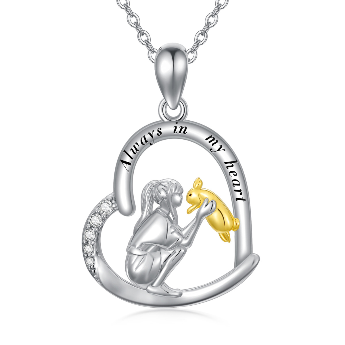 Sterling Silver Two-tone Rabbit & Girl Heart Pendant Necklace with Engraved Word-1
