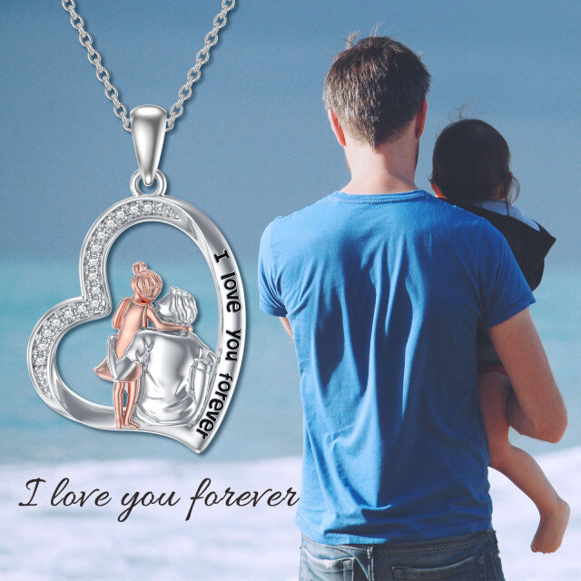 Sterling Silver Two-tone Father Holds Daughter Heart Pendant Necklace with Engraved Word-2