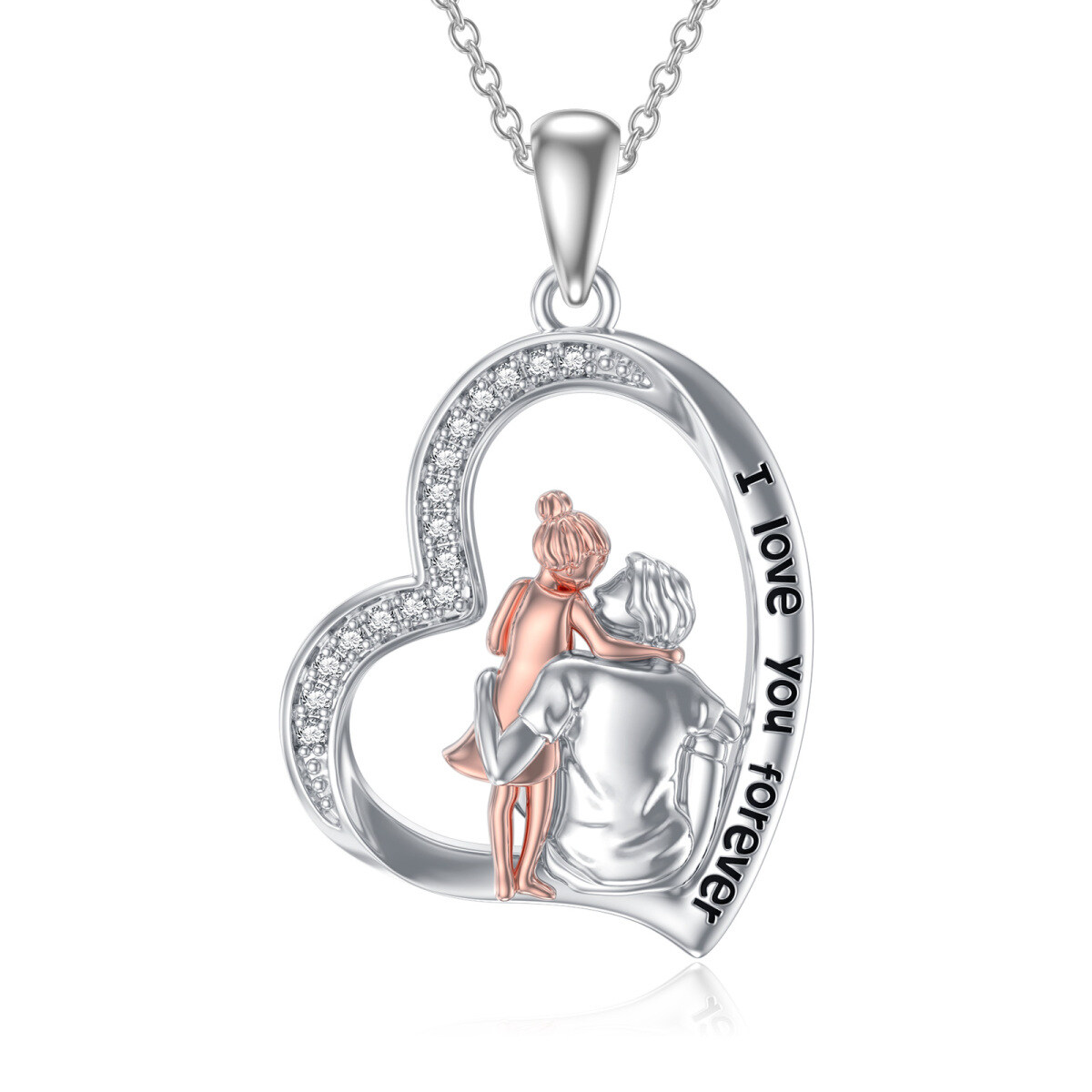 Sterling Silver Two-tone Father Holds Daughter Heart Pendant Necklace with Engraved Word-1
