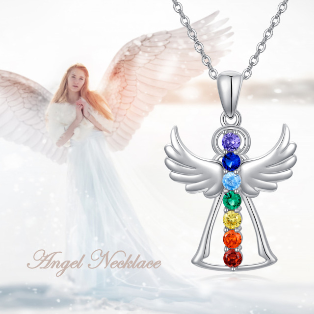 Sterling Silver Cubic Zirconia Angel Wing & Chakras Pendant Necklace-3