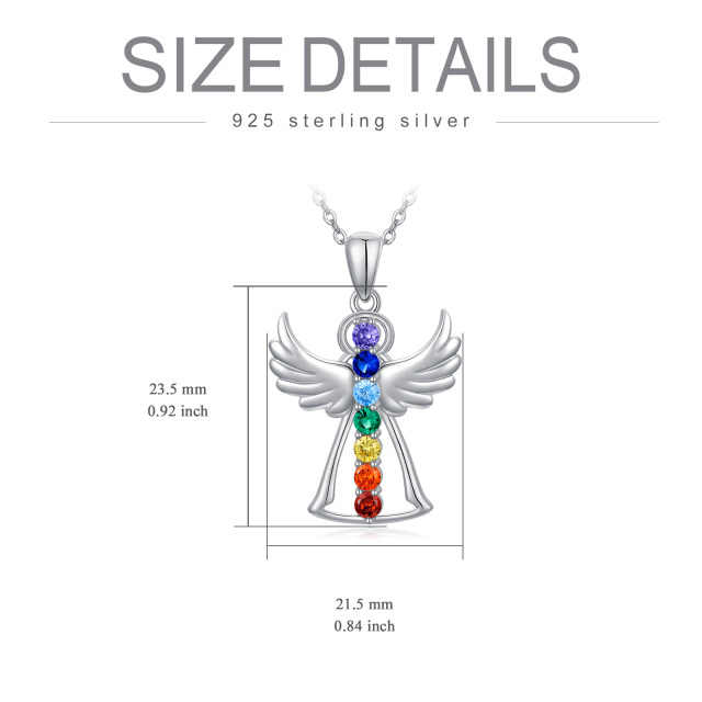 Sterling Silver Cubic Zirconia Angel Wing & Chakras Pendant Necklace-2