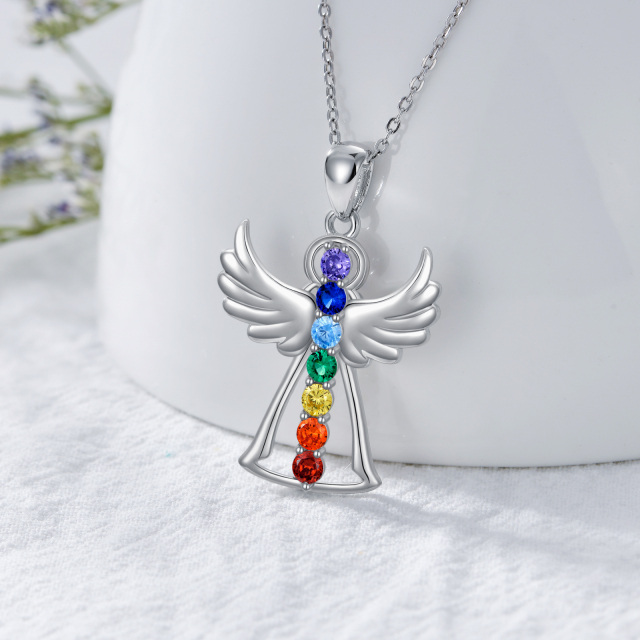 Sterling Silver Cubic Zirconia Angel Wing & Chakras Pendant Necklace-4