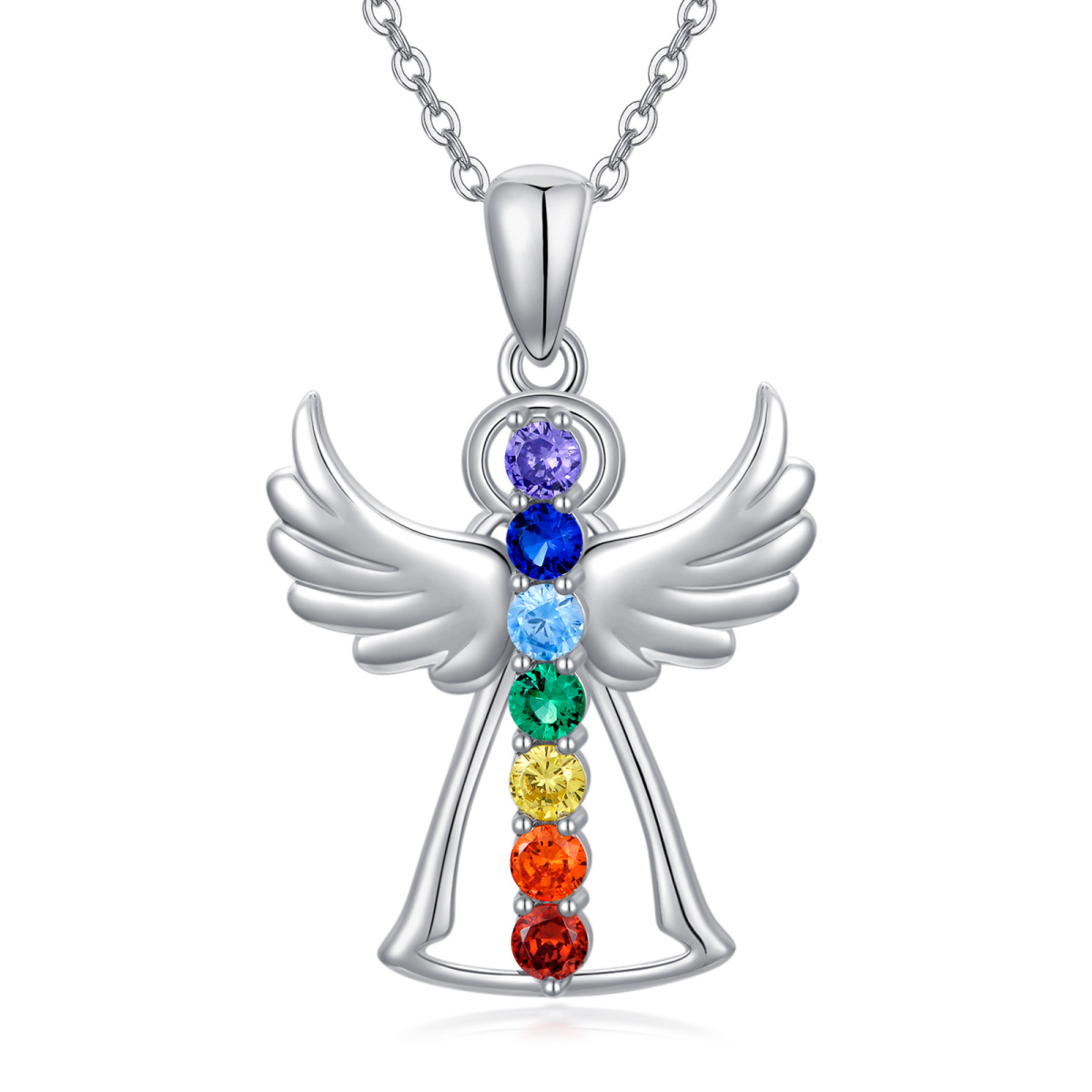 Sterling Silver Cubic Zirconia Angel Wing & Chakras Pendant Necklace-1