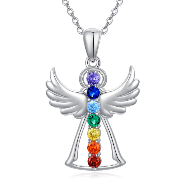 Sterling Silver Cubic Zirconia Angel Wing & Chakras Pendant Necklace-0