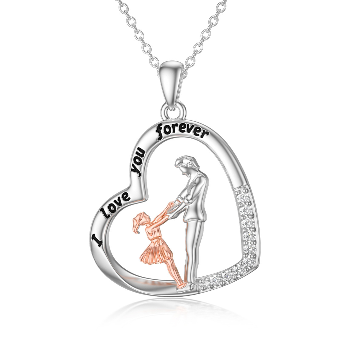 Sterling Silver Two-tone Circular Shaped Cubic Zirconia Father & Daughter Pendant Necklace with Engraved Word-1