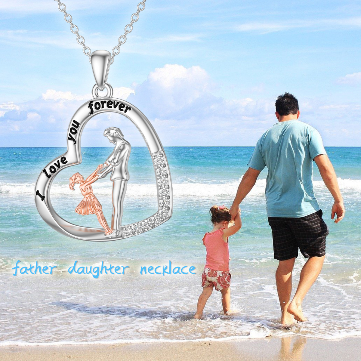 Sterling Silver Two-tone Circular Shaped Cubic Zirconia Father & Daughter Pendant Necklace with Engraved Word-6