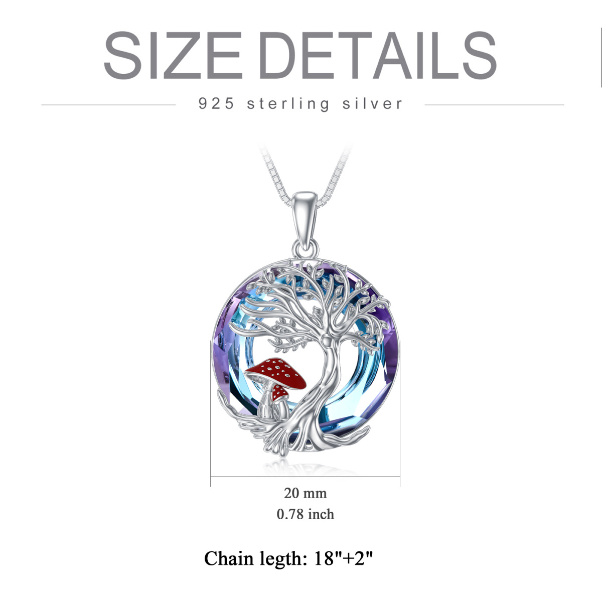 Sterling Silver Circular Shaped Mushroom & Tree Of Life Crystal Pendant Necklace-6
