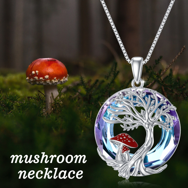 Sterling Silver Circular Shaped Mushroom & Tree Of Life Crystal Pendant Necklace-5