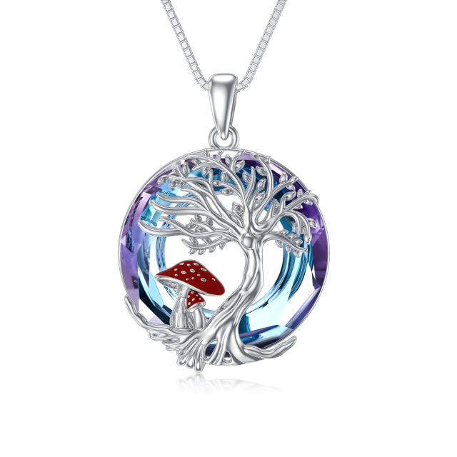 Sterling Silver Circular Shaped Mushroom & Tree Of Life Crystal Pendant Necklace-1