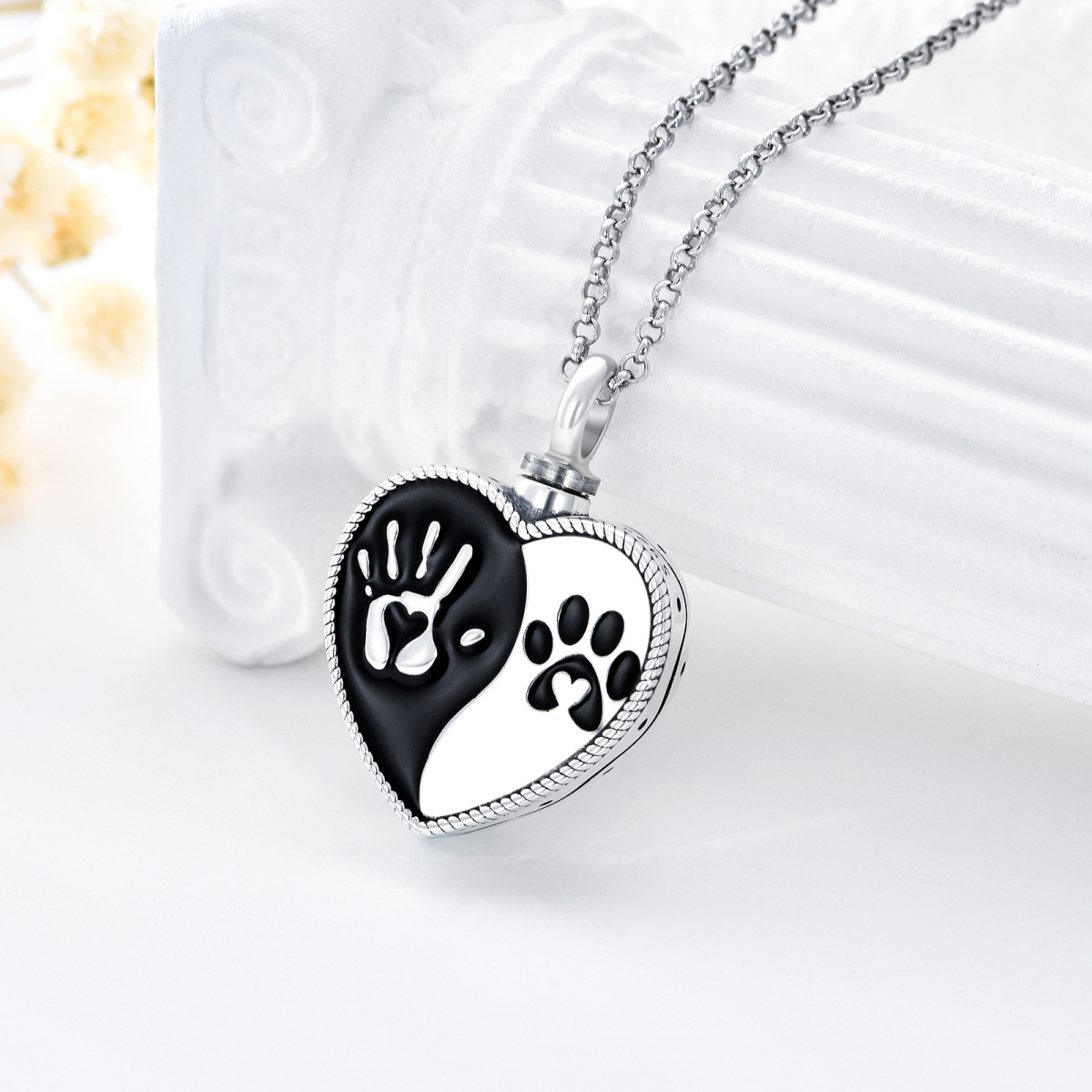 Sterling Silver Paw & Heart Urn Necklace for Ashes with Engraved Word-3