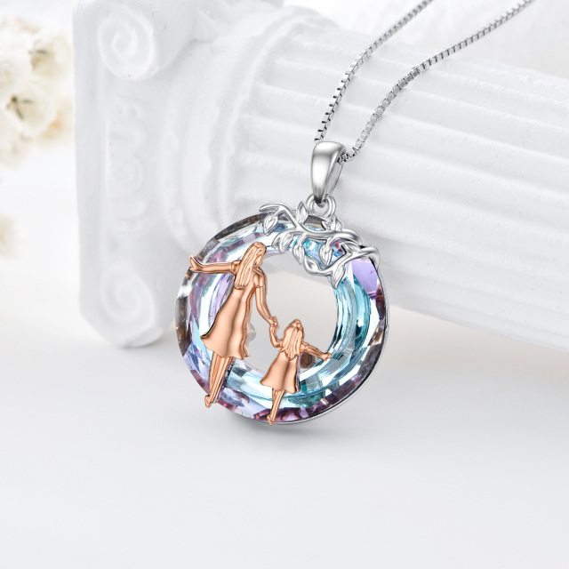 Sterling Silver Two-tone Circular Shaped Mother & Daughter Crystal Pendant Necklace-2