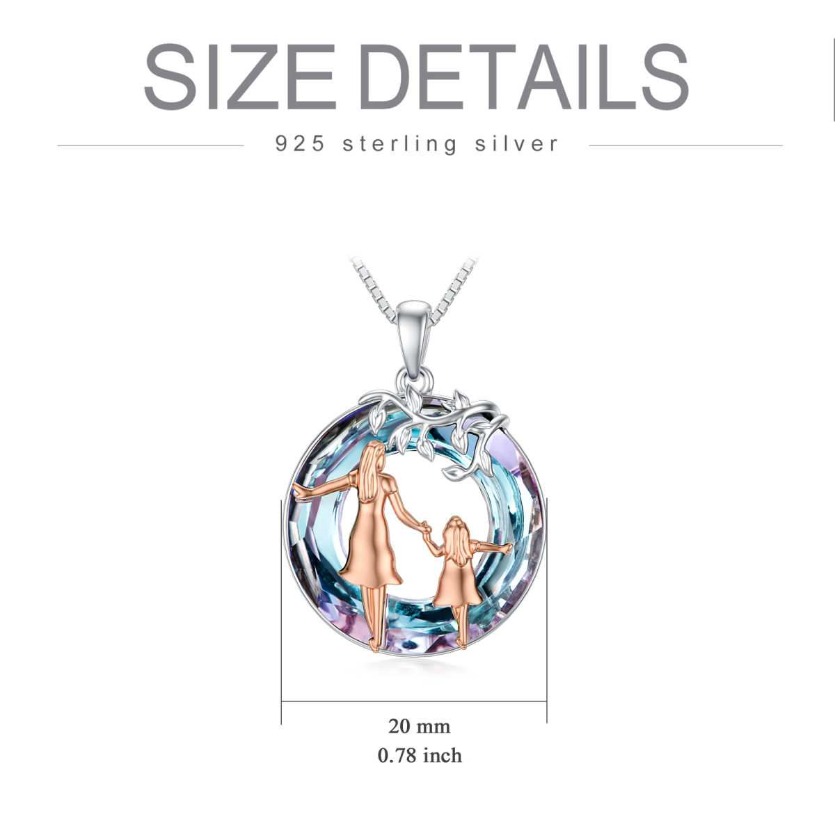 Sterling Silber zweifarbig kreisförmig Mutter & Tochter Kristall Anhänger Halskette-5