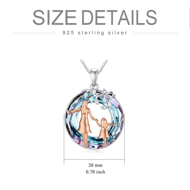 Sterling Silver Two-tone Circular Shaped Mother & Daughter Crystal Pendant Necklace-4