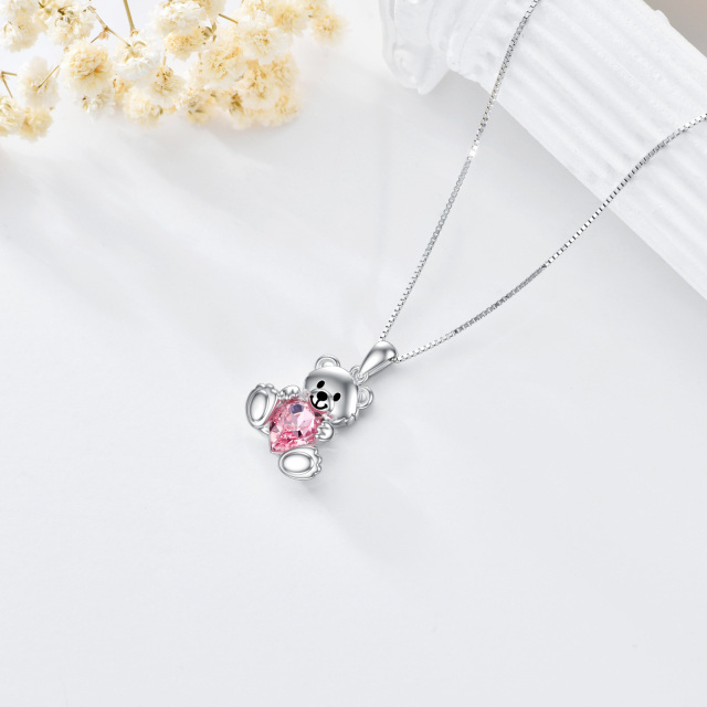 Sterling Silver Heart Shaped Crystal Bear Pendant Necklace-4