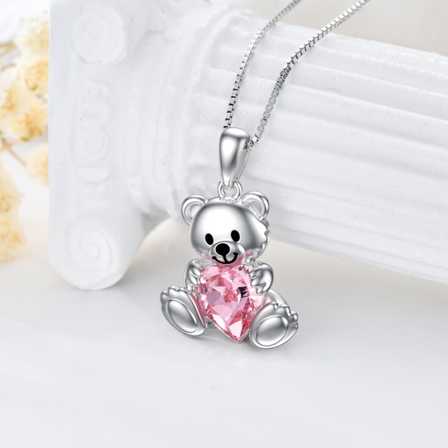 Sterling Silver Heart Shaped Crystal Bear Pendant Necklace-3