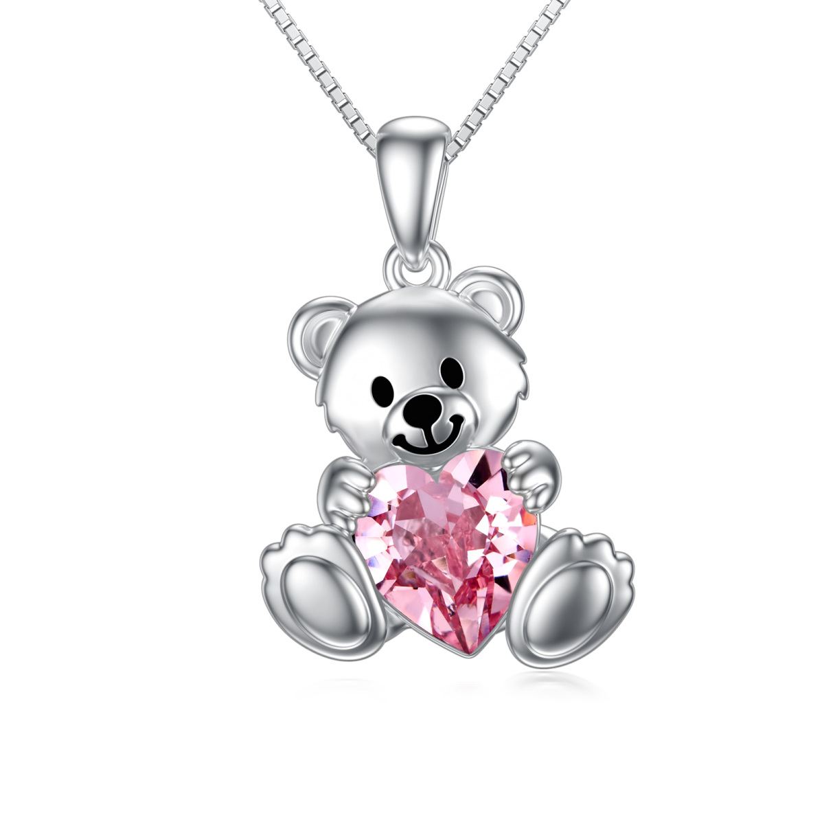 Sterling Silver Heart Shaped Crystal Bear Pendant Necklace-1