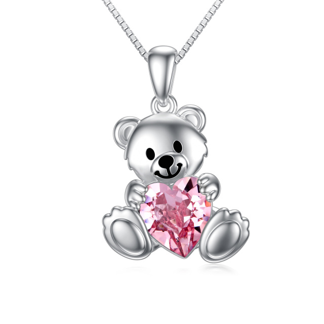 Sterling Silver Heart Shaped Crystal Bear Pendant Necklace-0