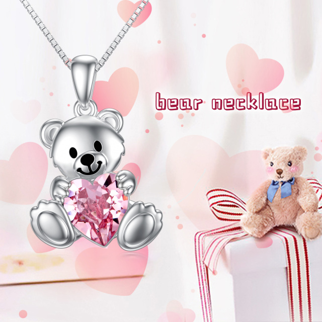 Sterling Silver Heart Shaped Crystal Bear Pendant Necklace-2