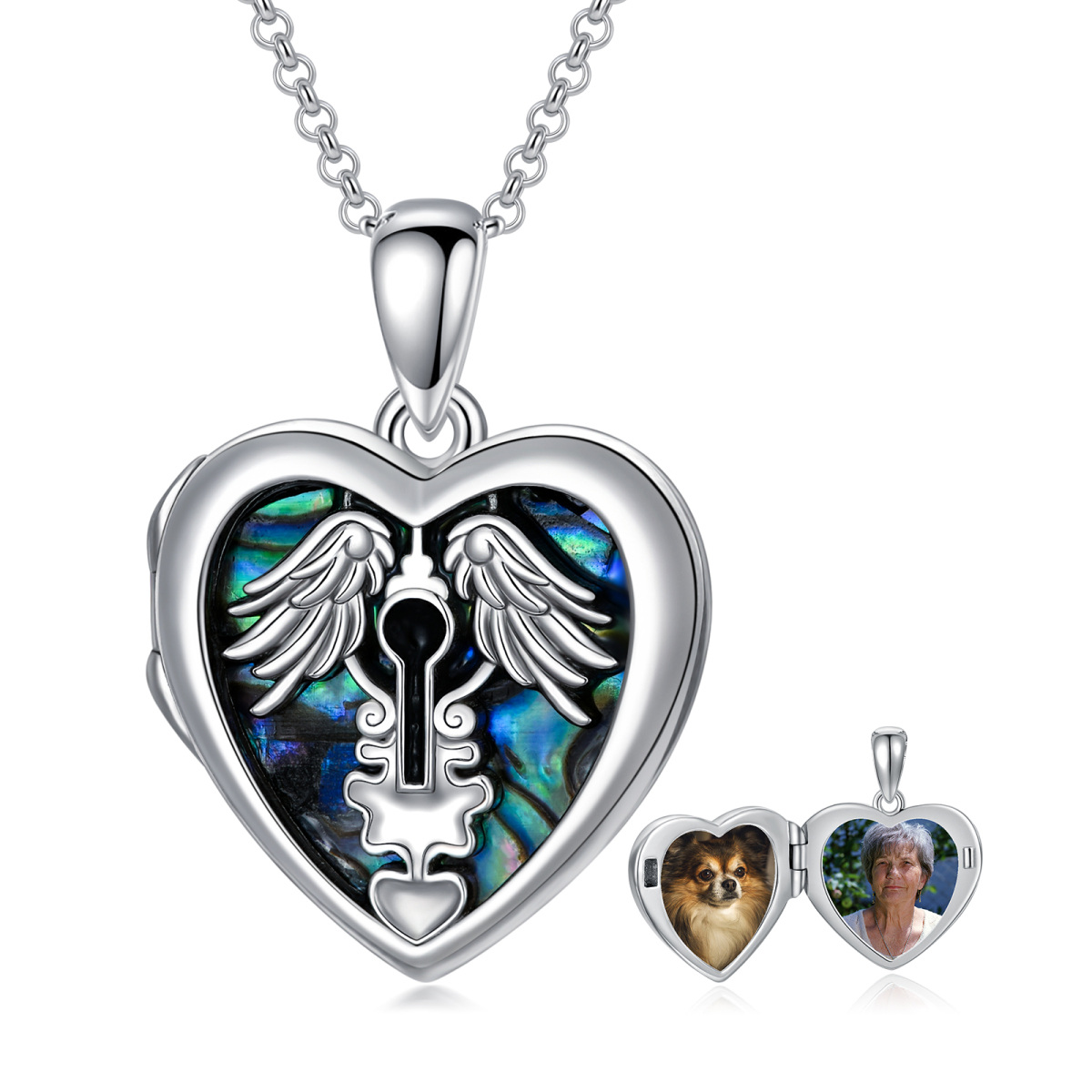Sterling Silber Abalone Muscheln Herz personalisierte Foto Medaillon Halskette-1