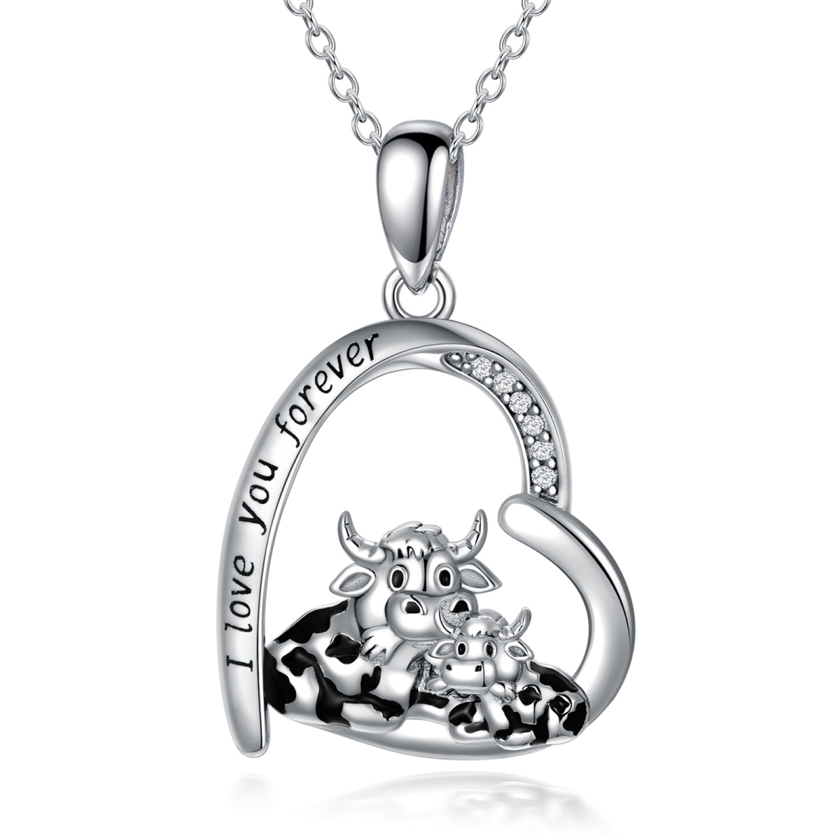 Sterling Silver Cubic Zirconia Cow Mother & Kids Heart Pendant Necklace Engraved I Love You Forever-1