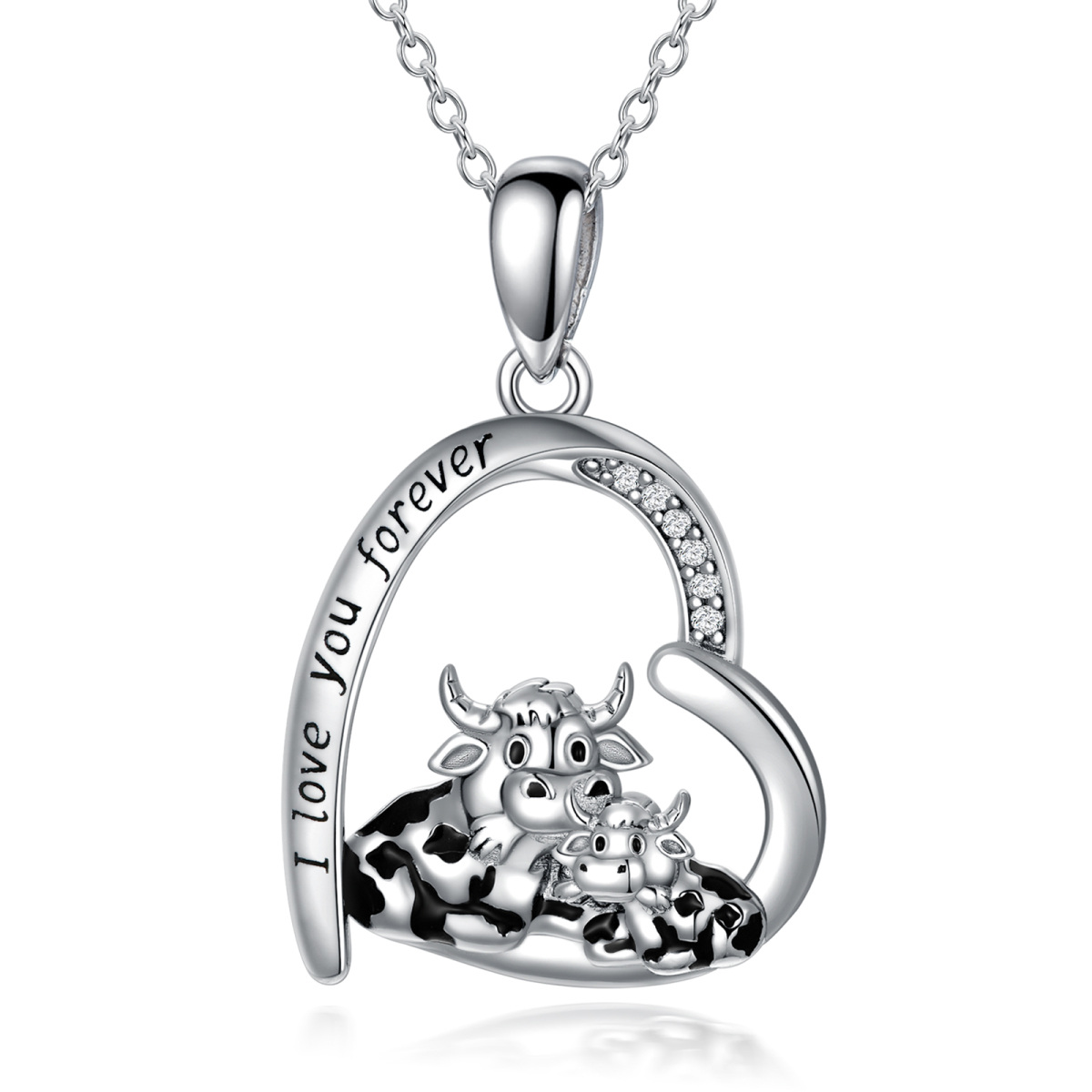 Sterling Silber Cubic Zirkonia Kuh Mutter & Kinder Herz Anhänger Halskette eingraviert ich liebe dich für immer-1