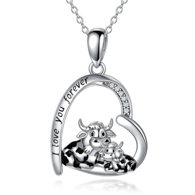 Sterling Silver Cubic Zirconia Cow Mother & Kids Heart Pendant Necklace Engraved I Love You Forever-0