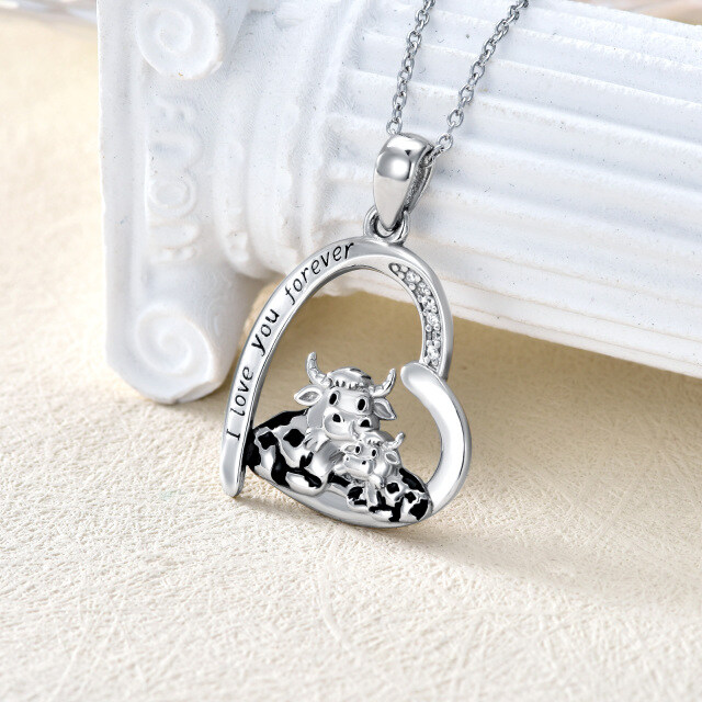 Sterling Silver Cubic Zirconia Cow Mother & Kids Heart Pendant Necklace Engraved I Love You Forever-3