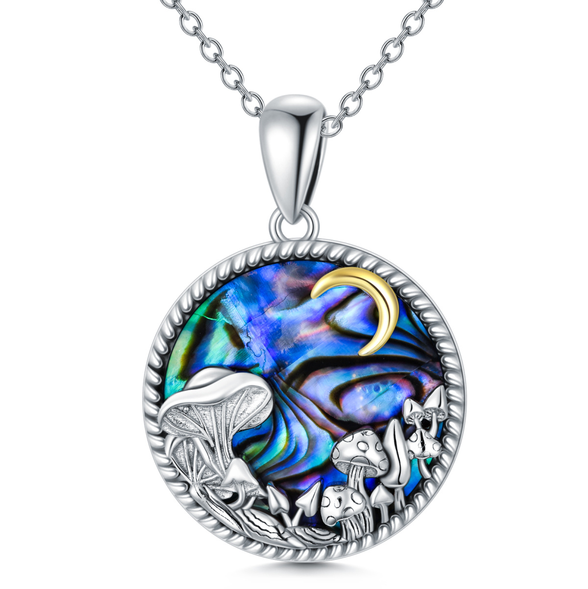 Sterling Silver Two-tone Circular Shaped Abalone Shellfish Mushroom & Moon Pendant Necklace-1