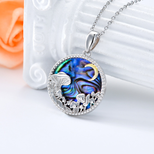 Sterling Silver Two-tone Circular Shaped Abalone Shellfish Mushroom & Moon Pendant Necklace-3