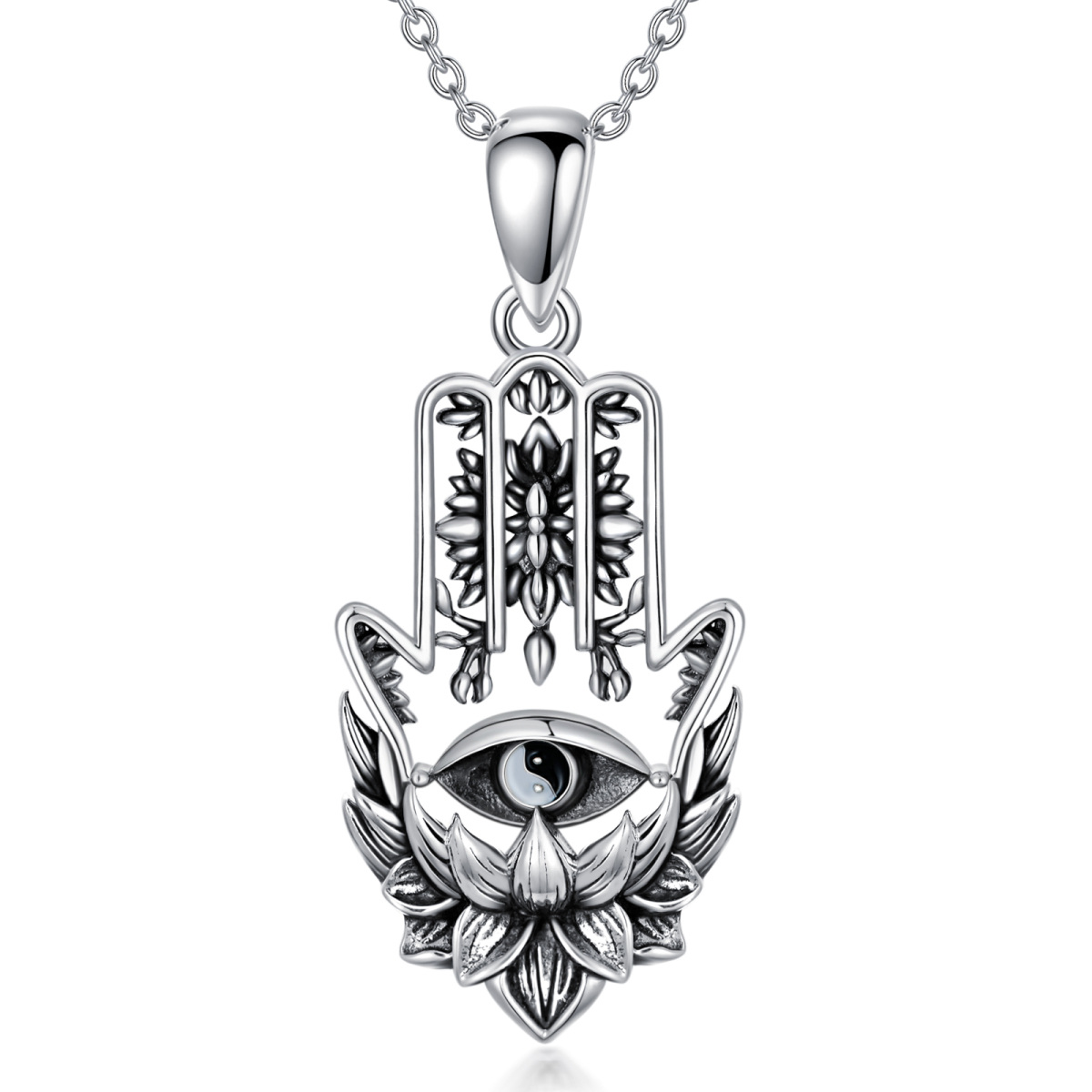 Collar de plata de ley con colgante de loto, mal de ojo y mano hamsa-1