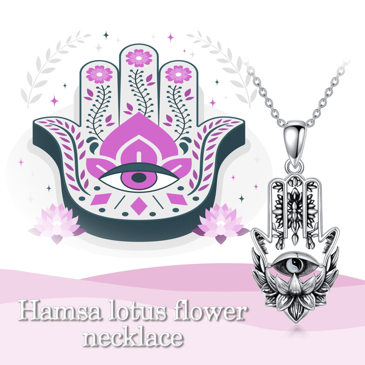 Collier en argent sterling avec pendentif Lotus, Oeil maléfique et main Hamsa-6