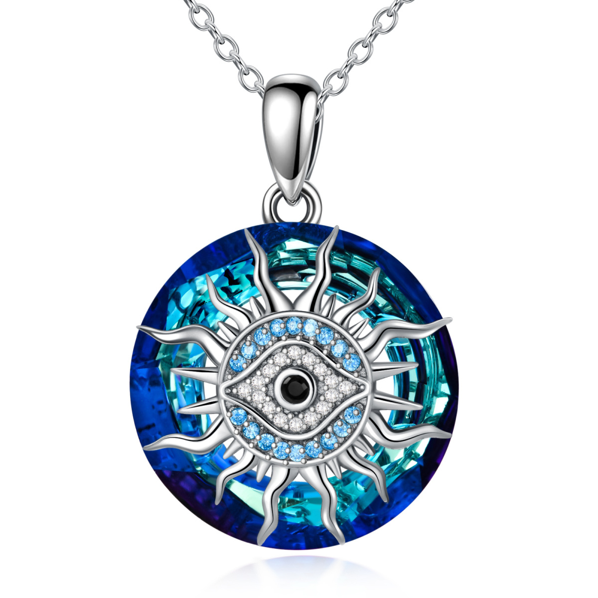Sterling Silver Circular Shaped Evil Eye & Sun Crystal Pendant Necklace-1