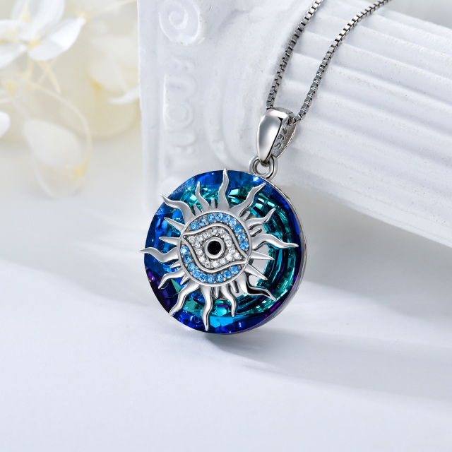 Sterling Silver Circular Shaped Evil Eye & Sun Crystal Pendant Necklace-3