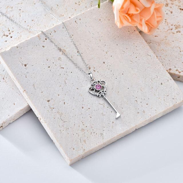 Sterling Silver Circular Shaped Cubic Zirconia Key Pendant Necklace-4