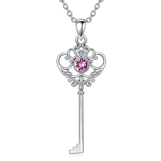 Sterling Silver Circular Shaped Cubic Zirconia Key Pendant Necklace