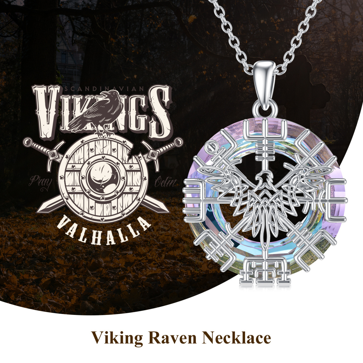 Sterling Silver Raven & Viking Rune Crystal Pendant Necklace-6