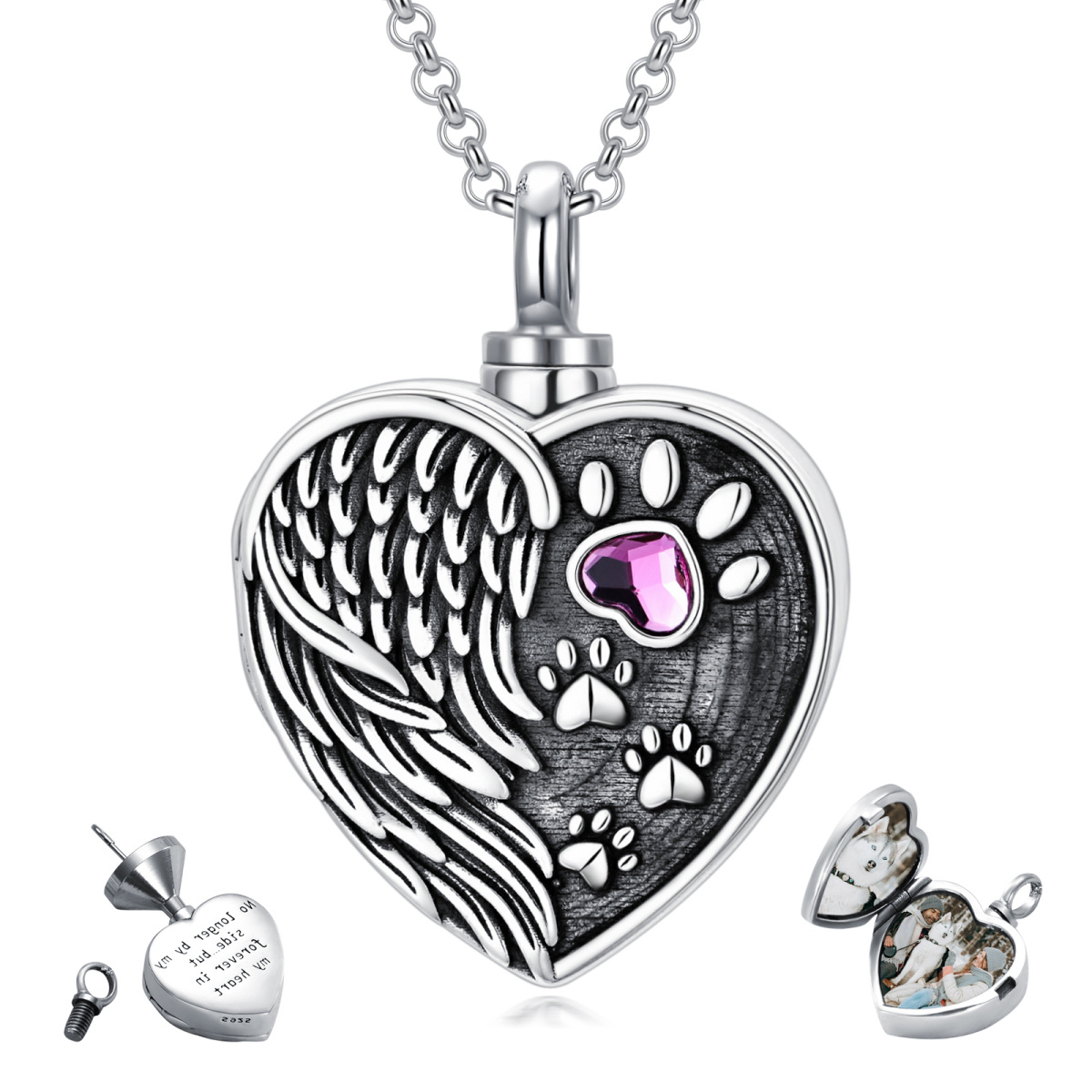 Sterling Silver Heart Shaped Crystal Paw & Angel Wing & Heart Urn Necklace for Ashes-1