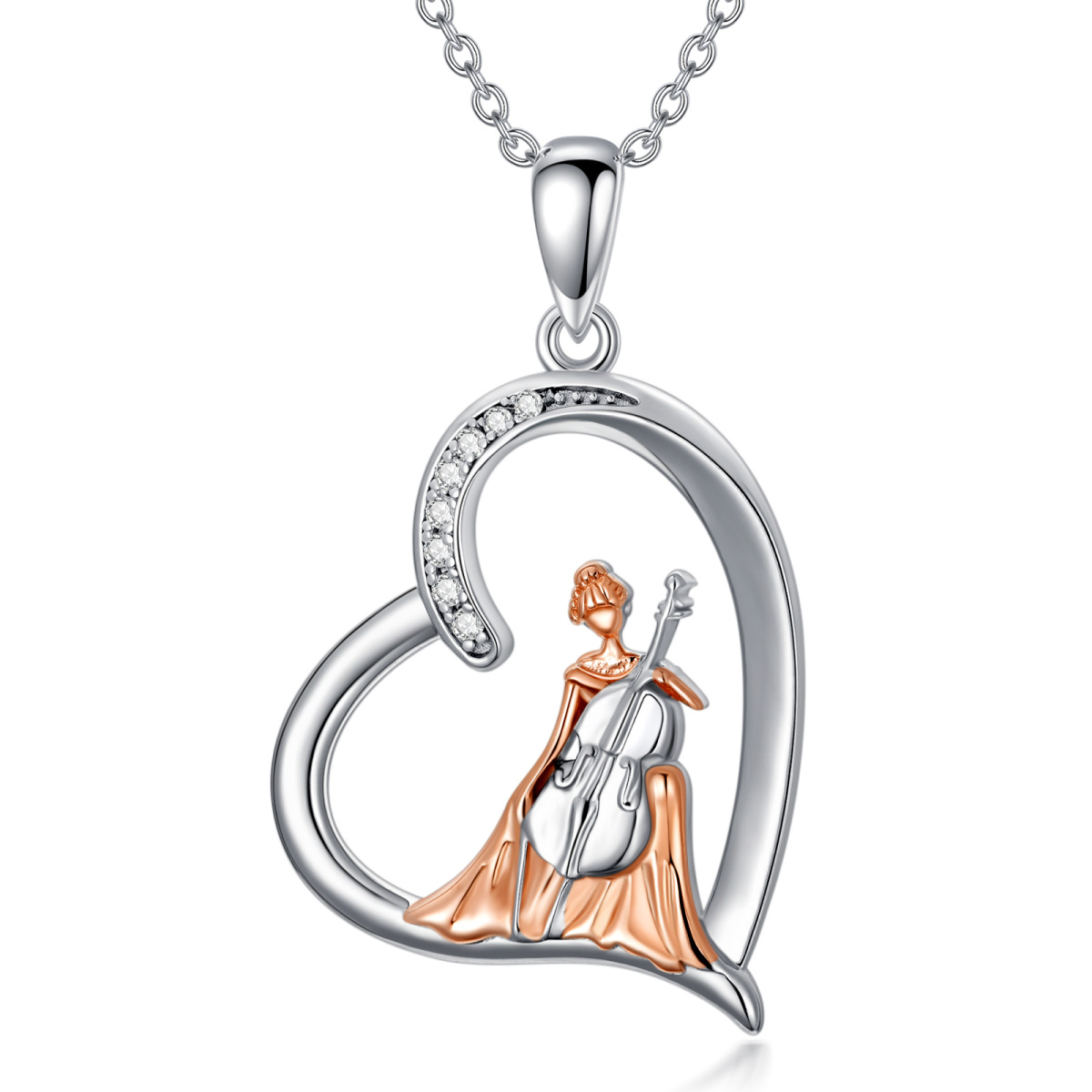 Sterling Silver Two-tone Circular Shaped Cubic Zirconia Cello & Heart Pendant Necklace-1