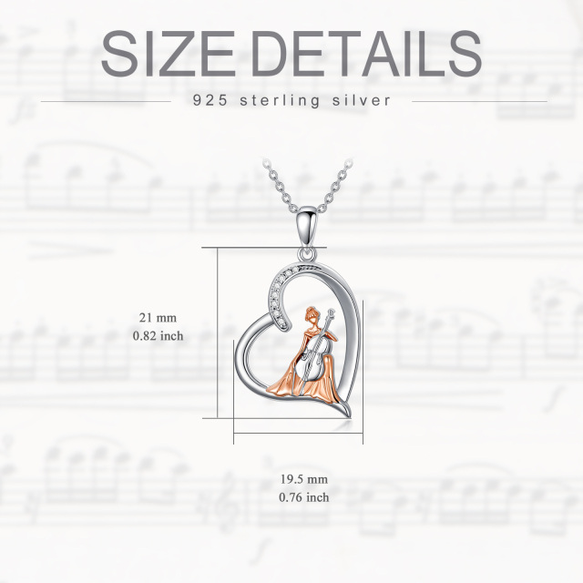 Sterling Silver Two-tone Circular Shaped Cubic Zirconia Cello & Heart Pendant Necklace-4