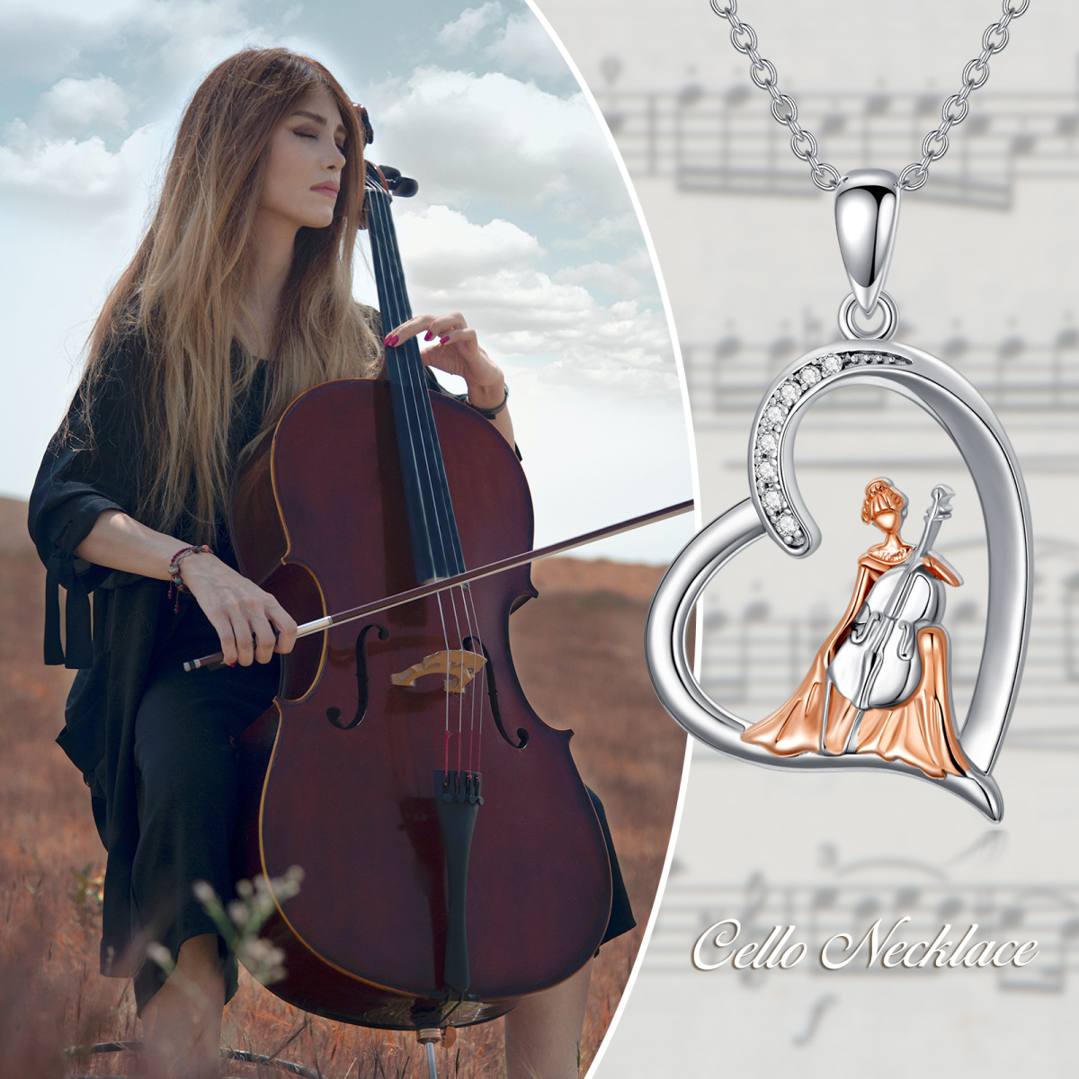 Sterling Silver Two-tone Circular Shaped Cubic Zirconia Cello & Heart Pendant Necklace-6